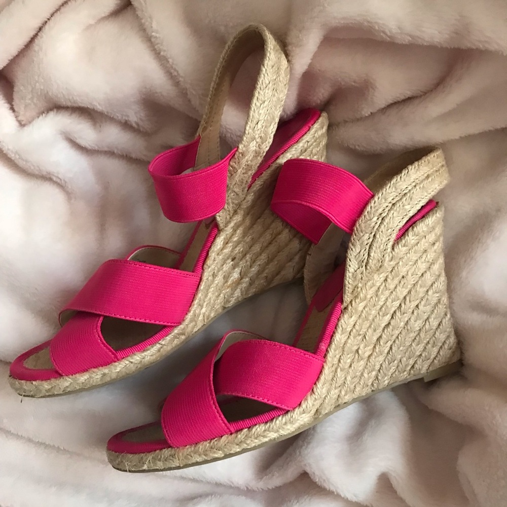 Hot pink espadrille wedge sandals
